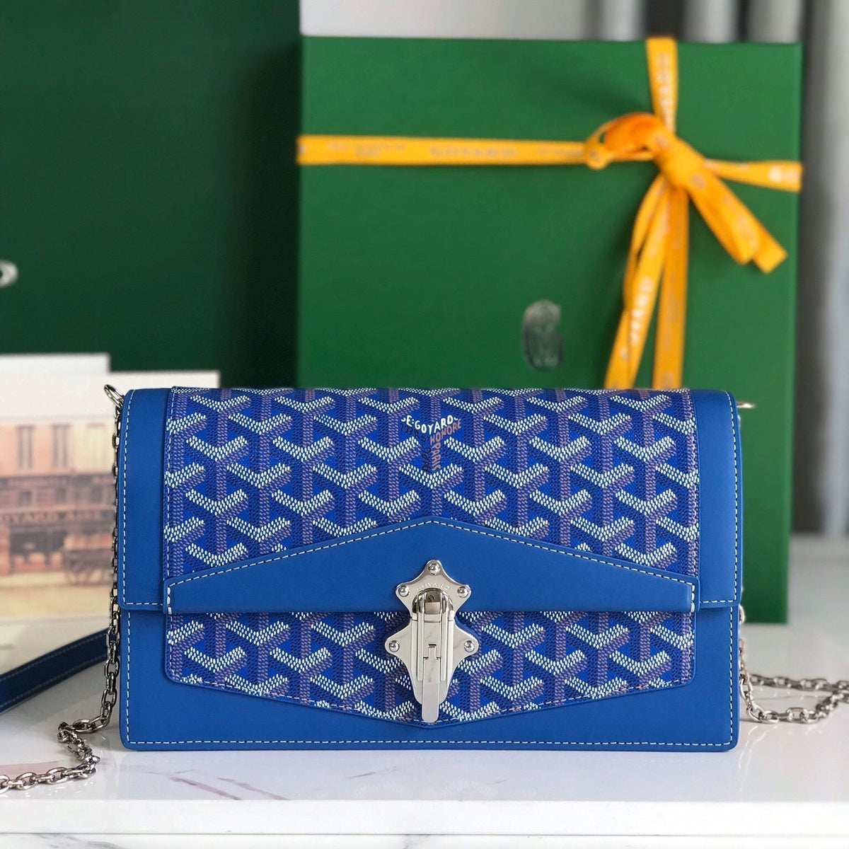 DUCHESSE MARIE-CAROLINE BAG 25 IN SAPPHIRE BLUE GOYARDINE CANVAS AND SMOOTH CALFSKIN