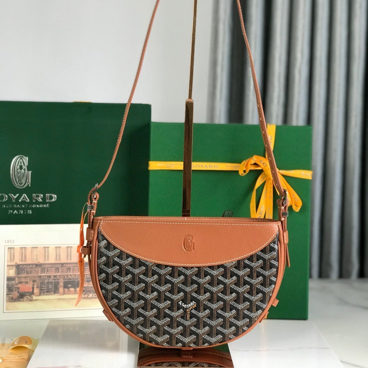 HIRONDELLE BAG 25 IN TAN LAMBSKIN AND BLACK GOYARDINE CANVAS