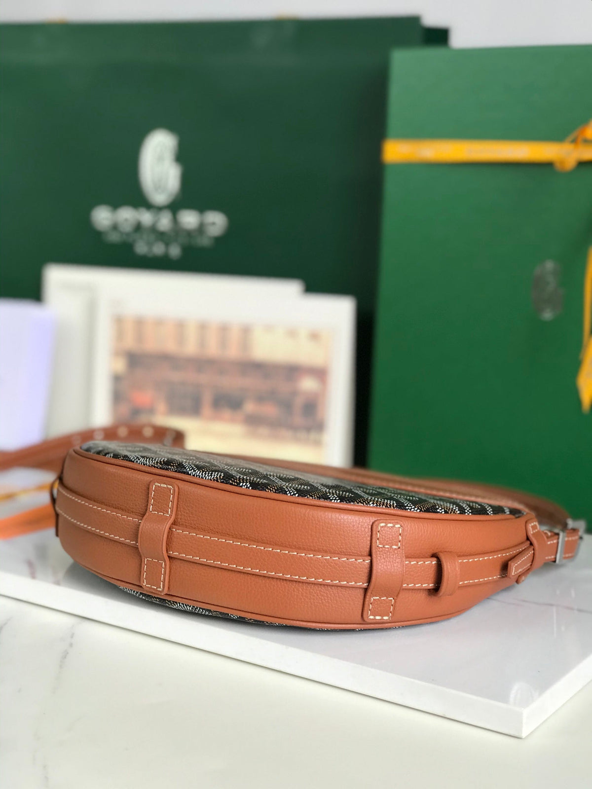 HIRONDELLE BAG 25 IN TAN LAMBSKIN AND BLACK GOYARDINE CANVAS