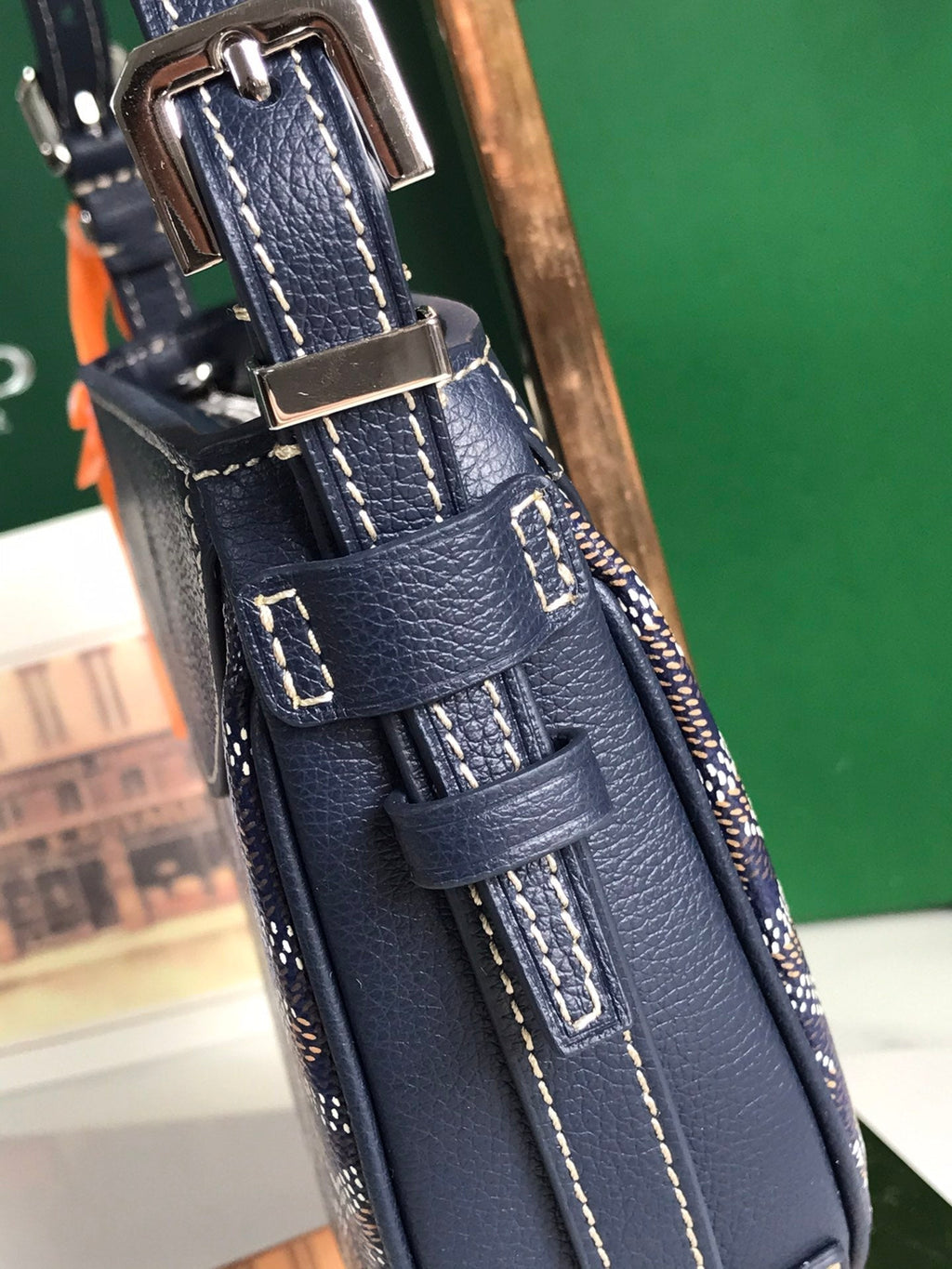 HIRONDELLE BAG 25 IN NAVY BLUE LAMBSKIN AND GOYARDINE CANVAS