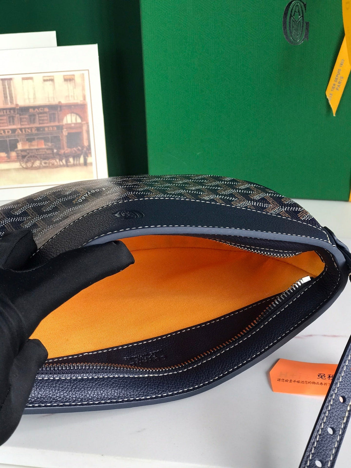 HIRONDELLE BAG 25 IN NAVY BLUE LAMBSKIN AND GOYARDINE CANVAS