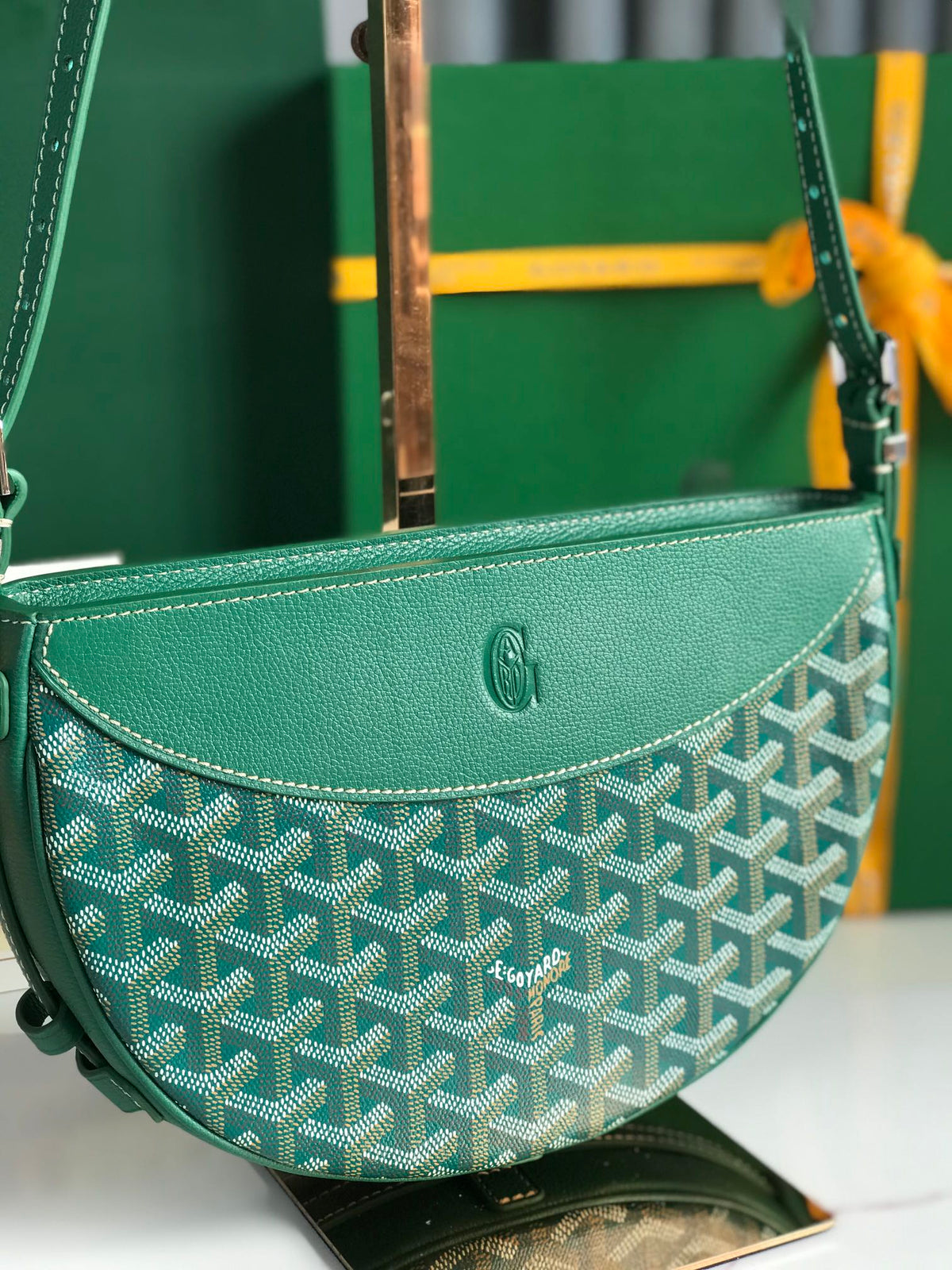 HIRONDELLE BAG 25 IN GREEN LAMBSKIN AND GOYARDINE CANVAS