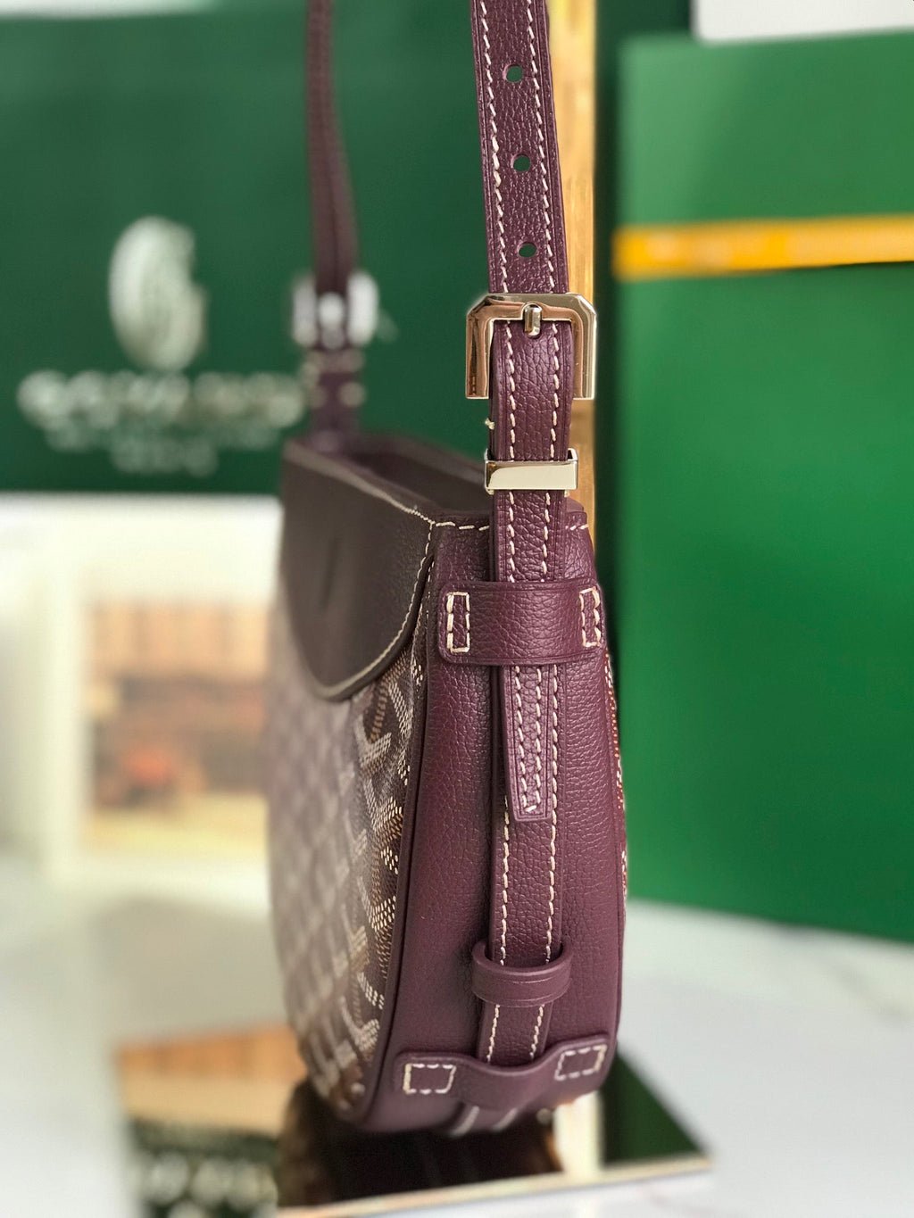 HIRONDELLE BAG 25 IN WINE RED LAMBSKIN AND GOYARDINE CANVAS