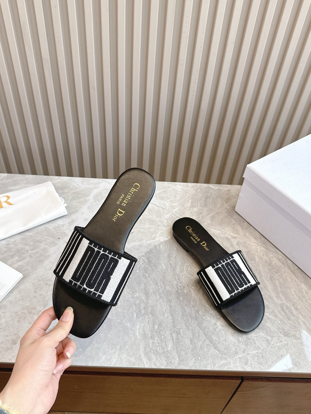 DIOR FLAT SLIDES 25S IN BLACK CALFSKIN AND FABRIC BRAND NAME EMBROIDERY