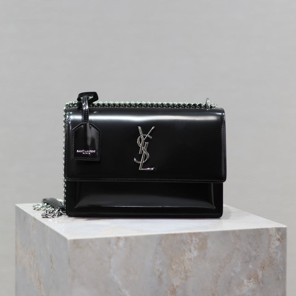 YSL 25S SUNSET MEDIUM 22 IN BLACK SHINY CALFSKIN SILVER HARDWRE