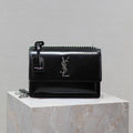 YSL 25S SUNSET MEDIUM 22 IN BLACK SHINY CALFSKIN SILVER HARDWARE