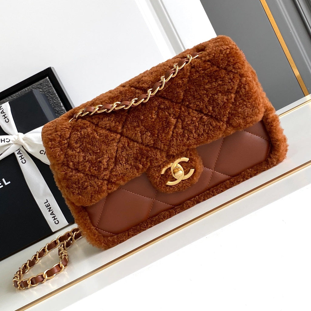 CHANEL 25S FLAP BAG 23.5 CM IN BROWN WOOL AND LAMBSKIN