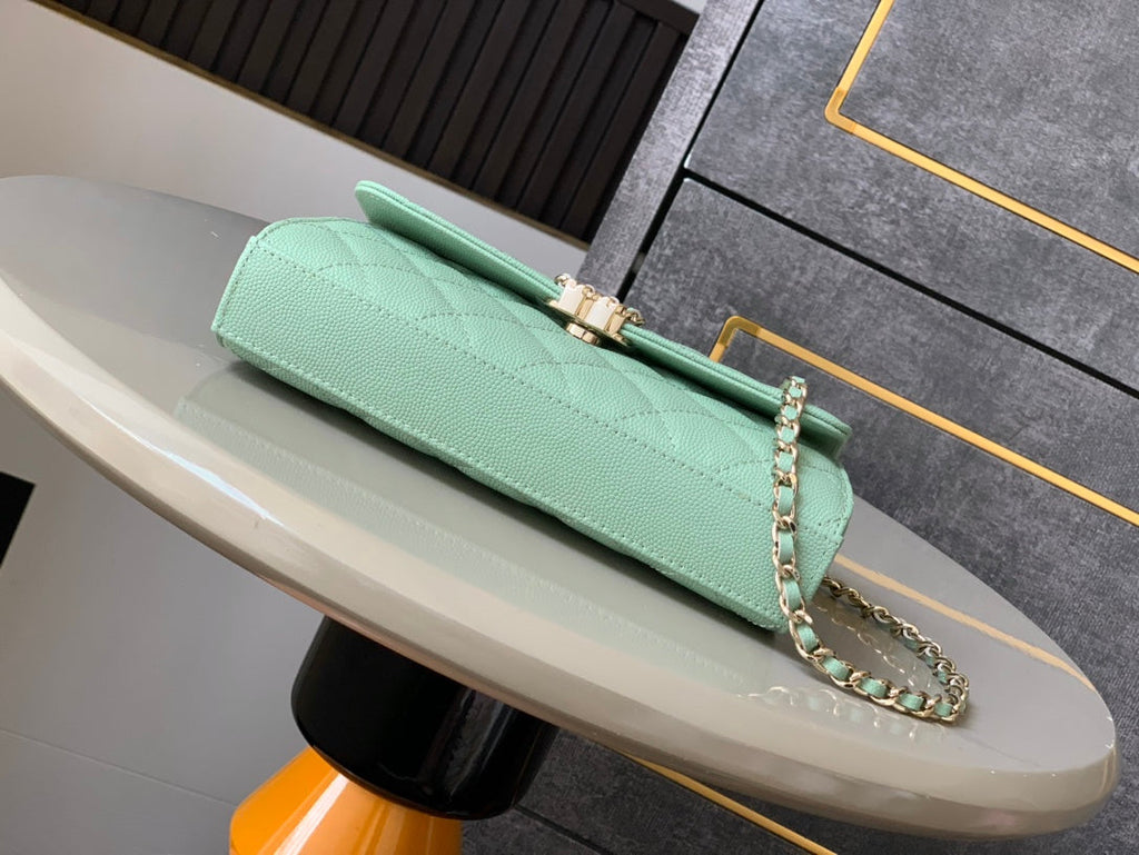 CHANEL 25S KELLY BAG 18 IN LIGHT GREEN CAVIAR LEATHER WITH GOLD HARDWARE