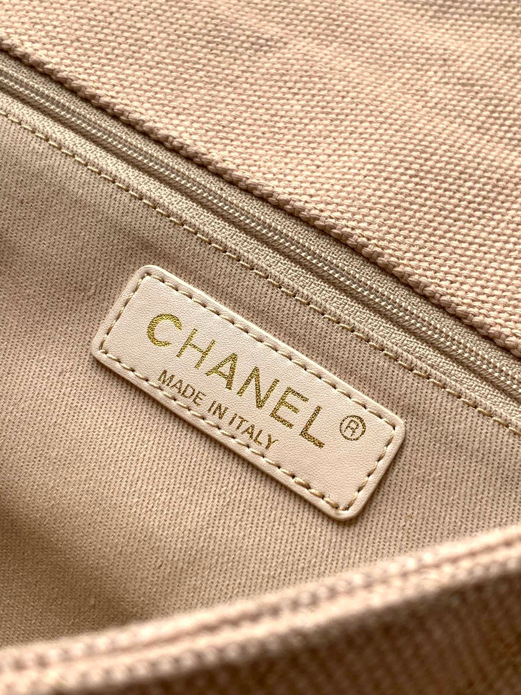 CHANEL 25S CLASSIC FLAP 26 CM IN LIGHT BEIGE CANVAS EMBROIDERED MOTIF WITH GOLD HARDWARE