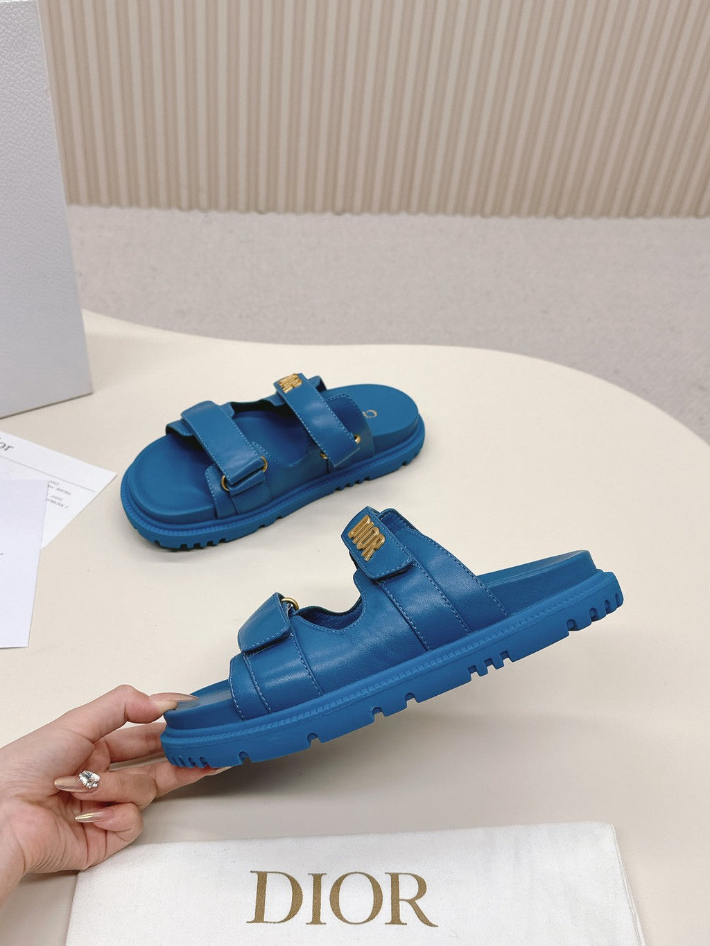 DIOR CLASSIC DOUBLE-STRAP SLIDES 25S IN OCEAN BLUE CALFSKIN