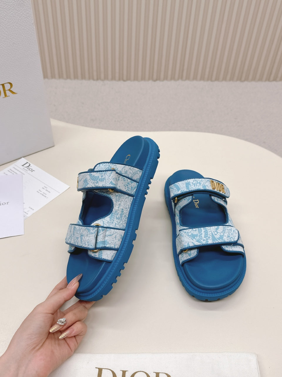 DIOR CLASSIC DOUBLE-STRAP SLIDES 25S IN OCEAN BLUE FABRIC AND CALFSKIN