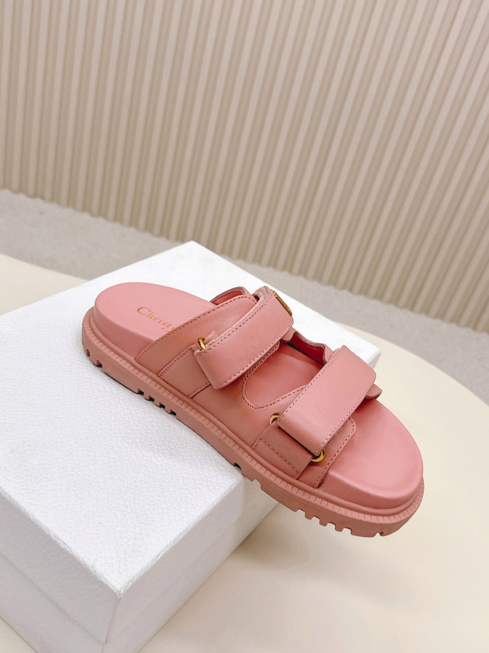 DIOR CLASSIC DOUBLE-STRAP SLIDES 25S IN PEACHY PINK CALFSKIN