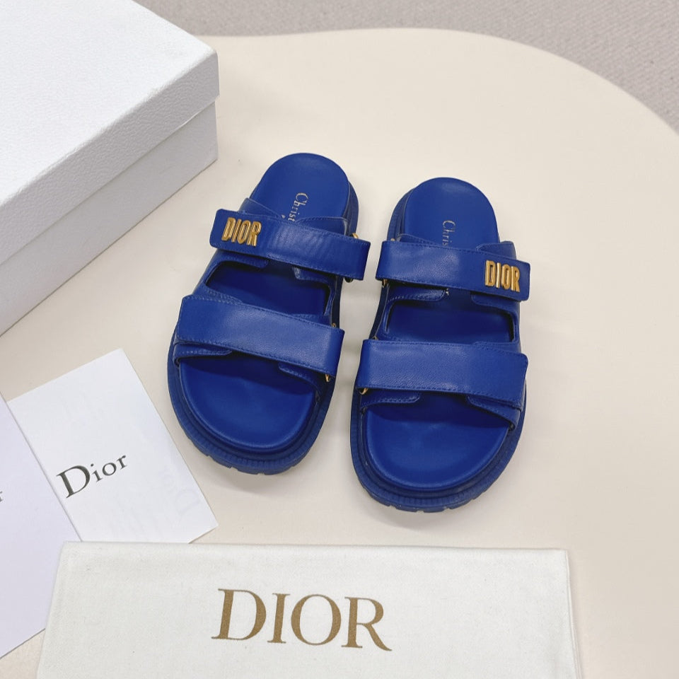 DIOR CLASSIC DOUBLE-STRAP SLIDES 25S IN NAVY BLUE CALFSKIN