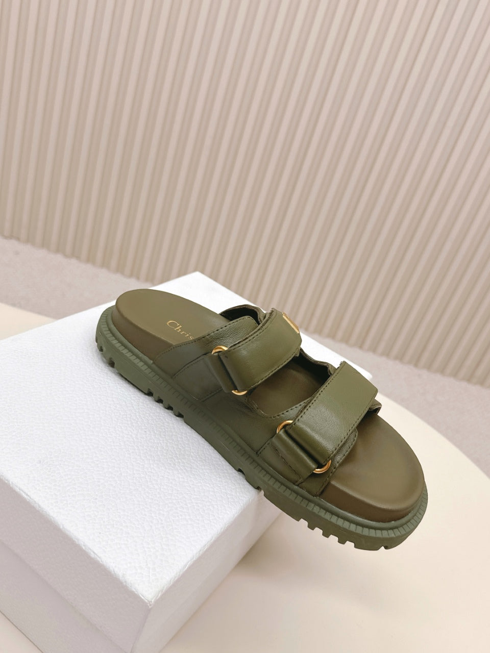 DIOR CLASSIC DOUBLE-STRAP SLIDES 25S IN MOSS GREEN CALFSKIN