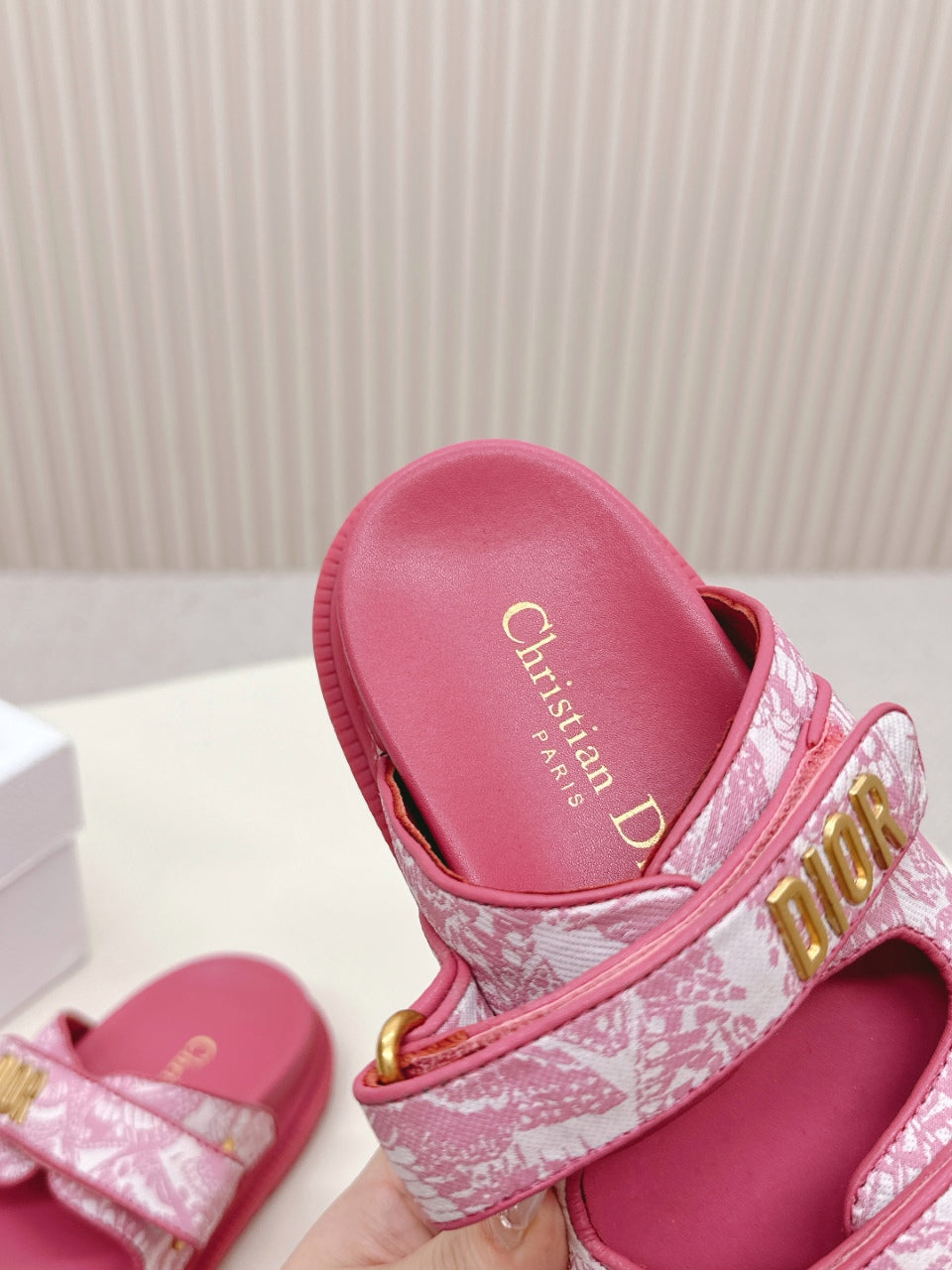 DIOR CLASSIC DOUBLE-STRAP SLIDES 25S IN DARK PINK FABRIC AND CALFSKIN