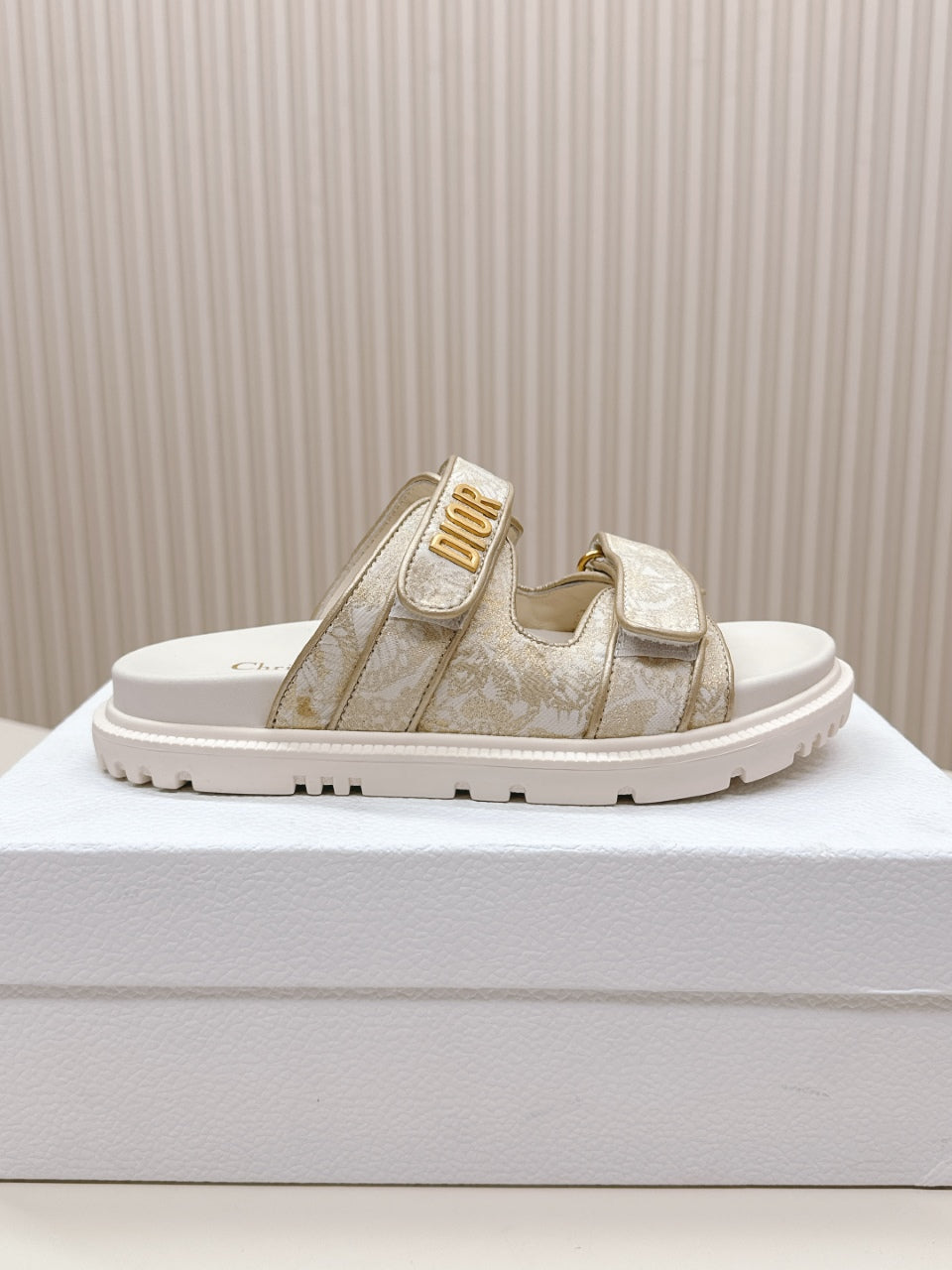 DIOR CLASSIC DOUBLE-STRAP SLIDES 25S IN WHITE MIX BEIGE FABRIC AND CALFSKIN