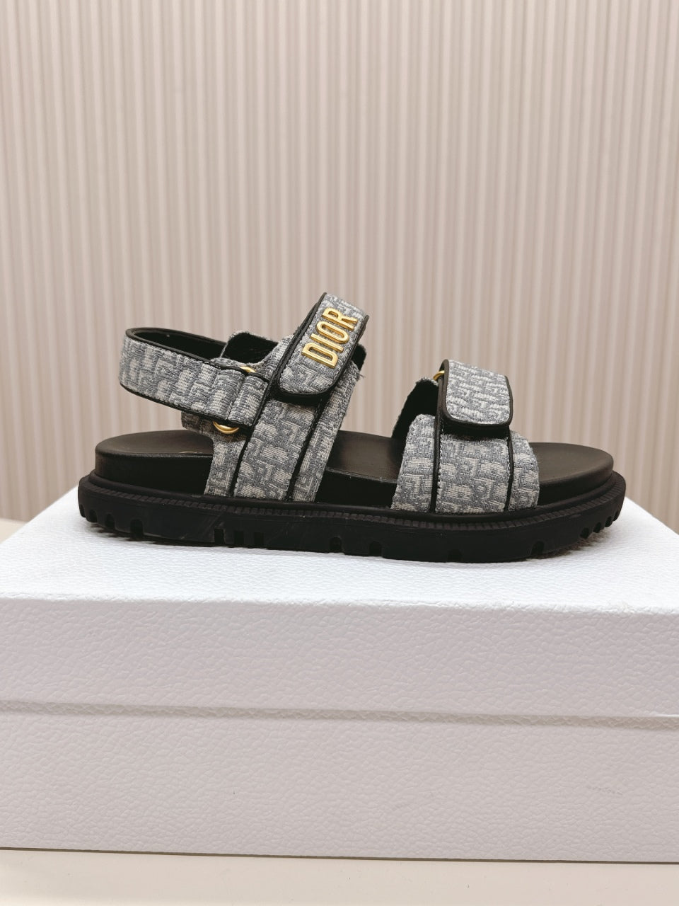 DIOR BACK-STRAP SANDALS 25S IN GREY FABRIC AND BLACK CALFSKIN WITH GOLD HARDWARE