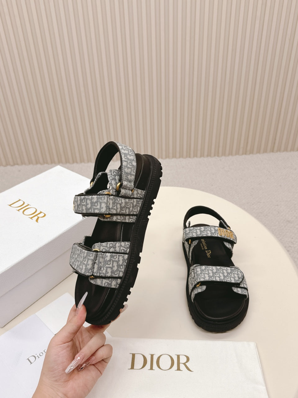DIOR BACK-STRAP SANDALS 25S IN GREY FABRIC AND BLACK CALFSKIN WITH GOLD HARDWARE