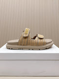 DIOR CLASSIC DOUBLE-STRAP SLIDES 25S IN BEIGE RAFFIA AND TAUPE BEIGE CALFSKIN
