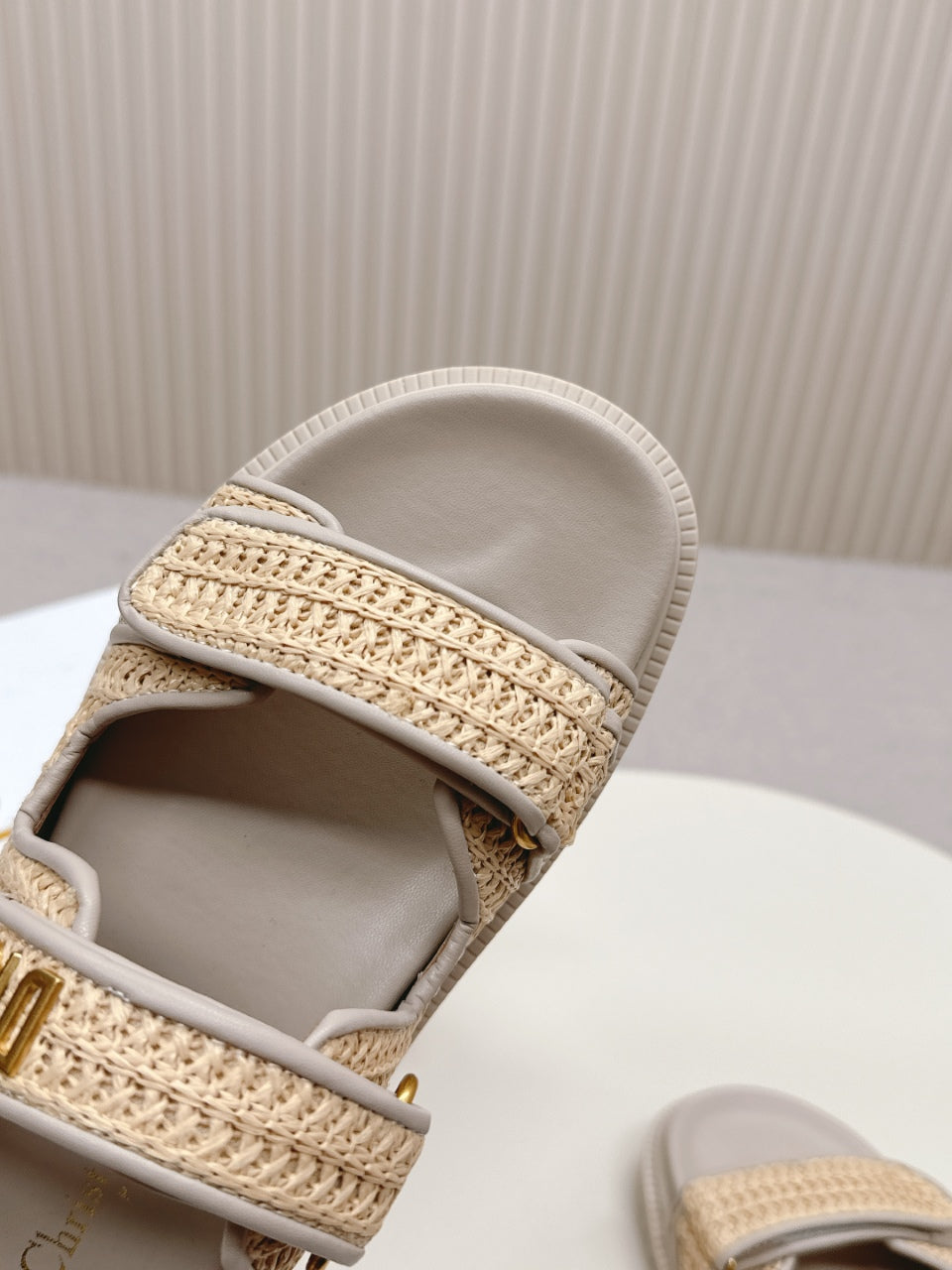 DIOR CLASSIC DOUBLE-STRAP SLIDES 25S IN BEIGE RAFFIA AND TAUPE BEIGE CALFSKIN