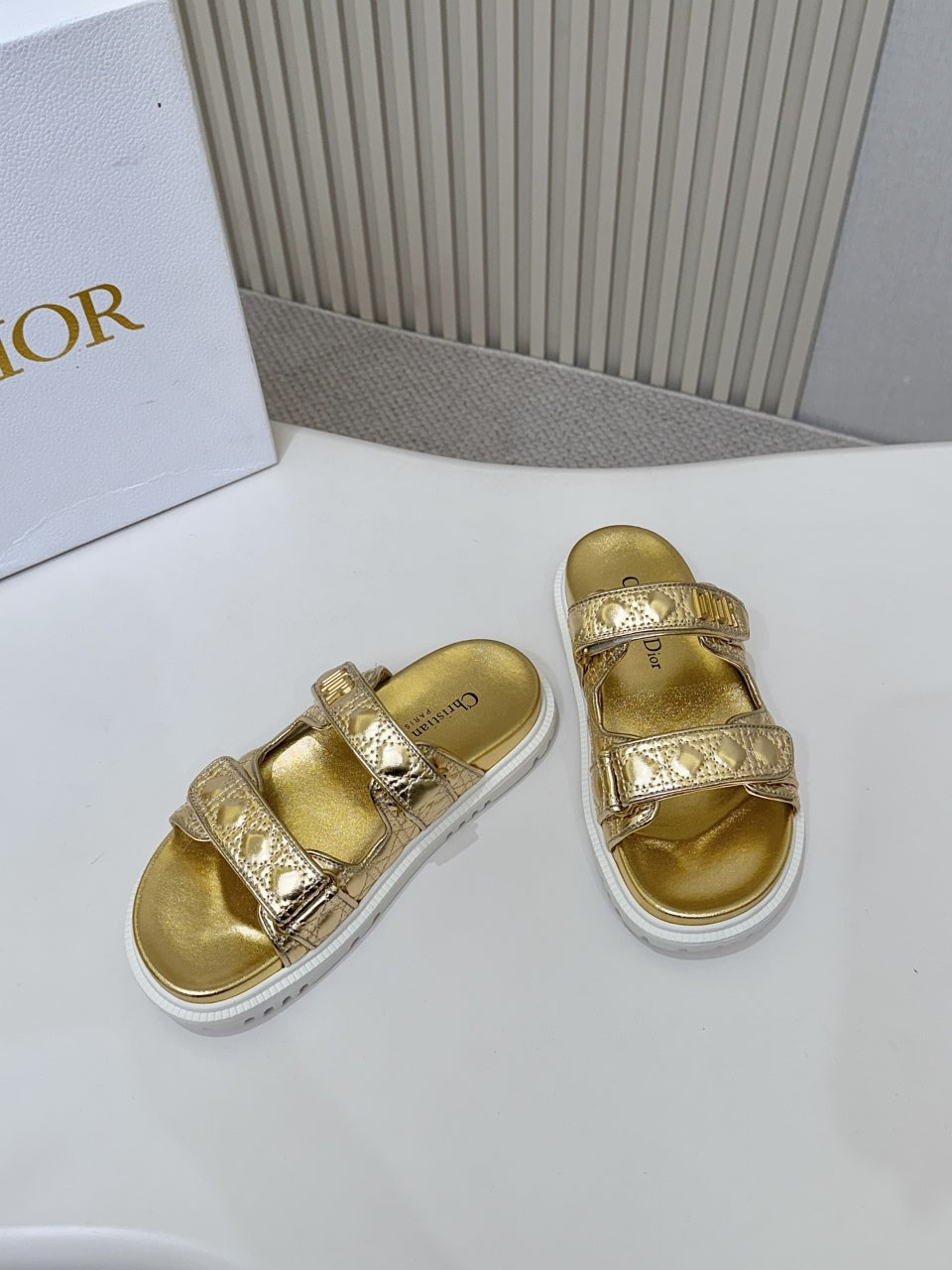DIOR CLASSIC DOUBLE-STRAP SLIDES 25S IN GOLD CALFSKIN