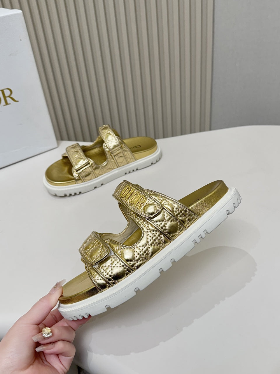 DIOR CLASSIC DOUBLE-STRAP SLIDES 25S IN GOLD CALFSKIN