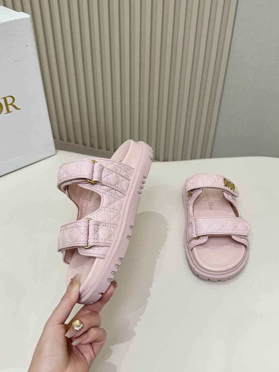 DIOR CLASSIC DOUBLE-STRAP SLIDES 25S IN PASTEL PINK CALFSKIN