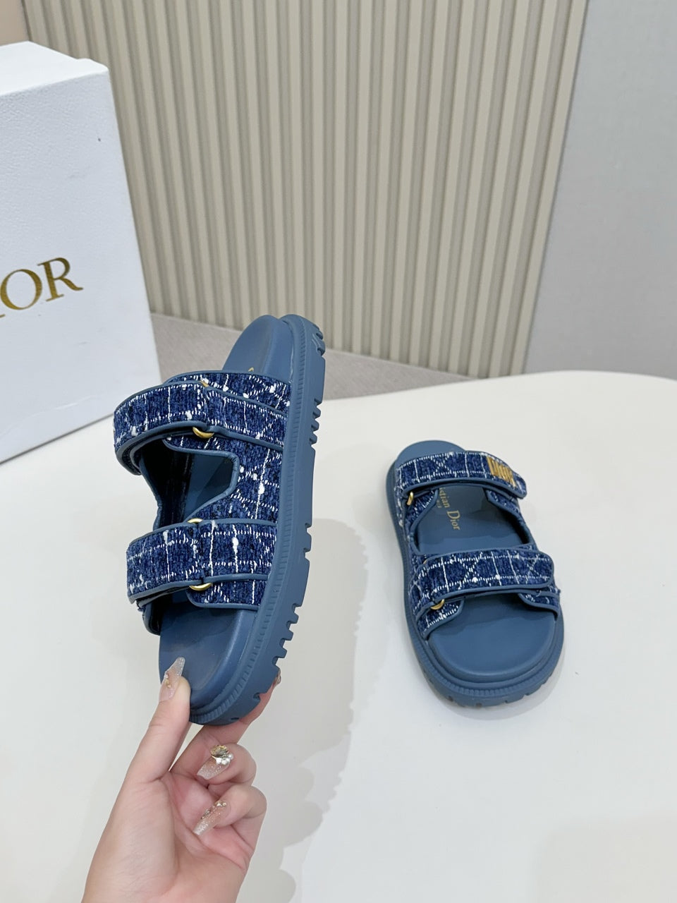 DIOR CLASSIC DOUBLE-STRAP SLIDES 25S IN NAVY BLUE TWEED AND CALFSKIN