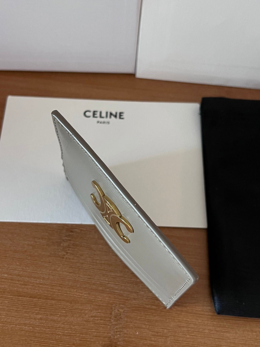 CELINE 25S CARD HOLDER WITH TRIOMPHE LOGO 11 IN GRAY CALFSKIN