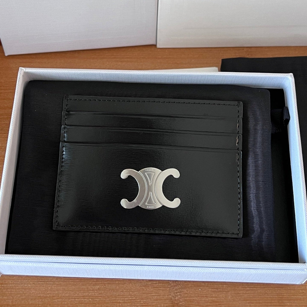 CELINE 25S CARD HOLDER WITH TRIOMPHE LOGO 11 IN BLACK GLOSSY CALFSKIN