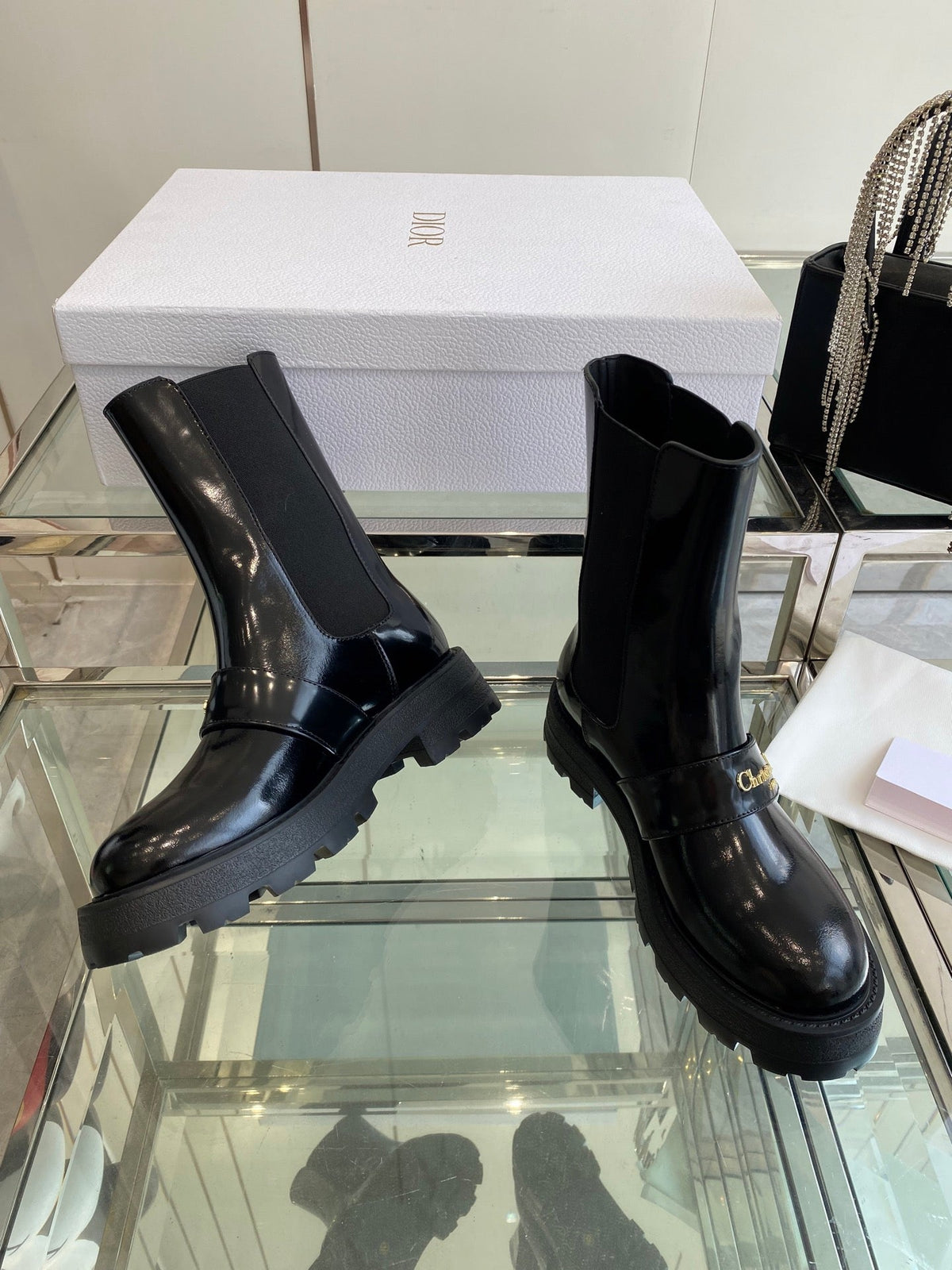 DIOR 25S D-QUEST ANKLE BOOT 35MM IN BLACK GLOSSY CALFSKIN GOLD HARDWARE
