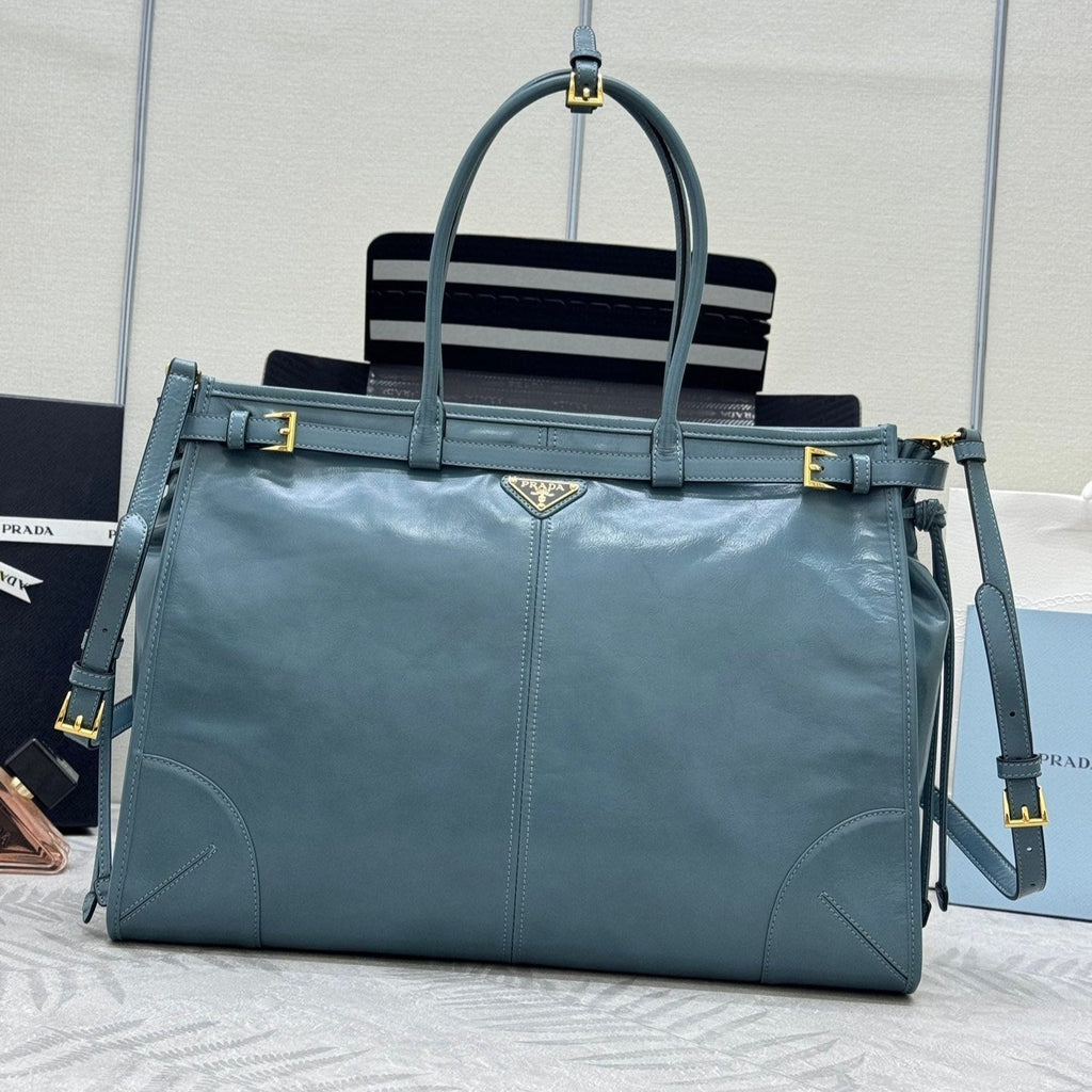PRADA 25S LUX SOFT BAG 42 IN BLUE GLOSSY CALFSKIN GOLD HARDWARE