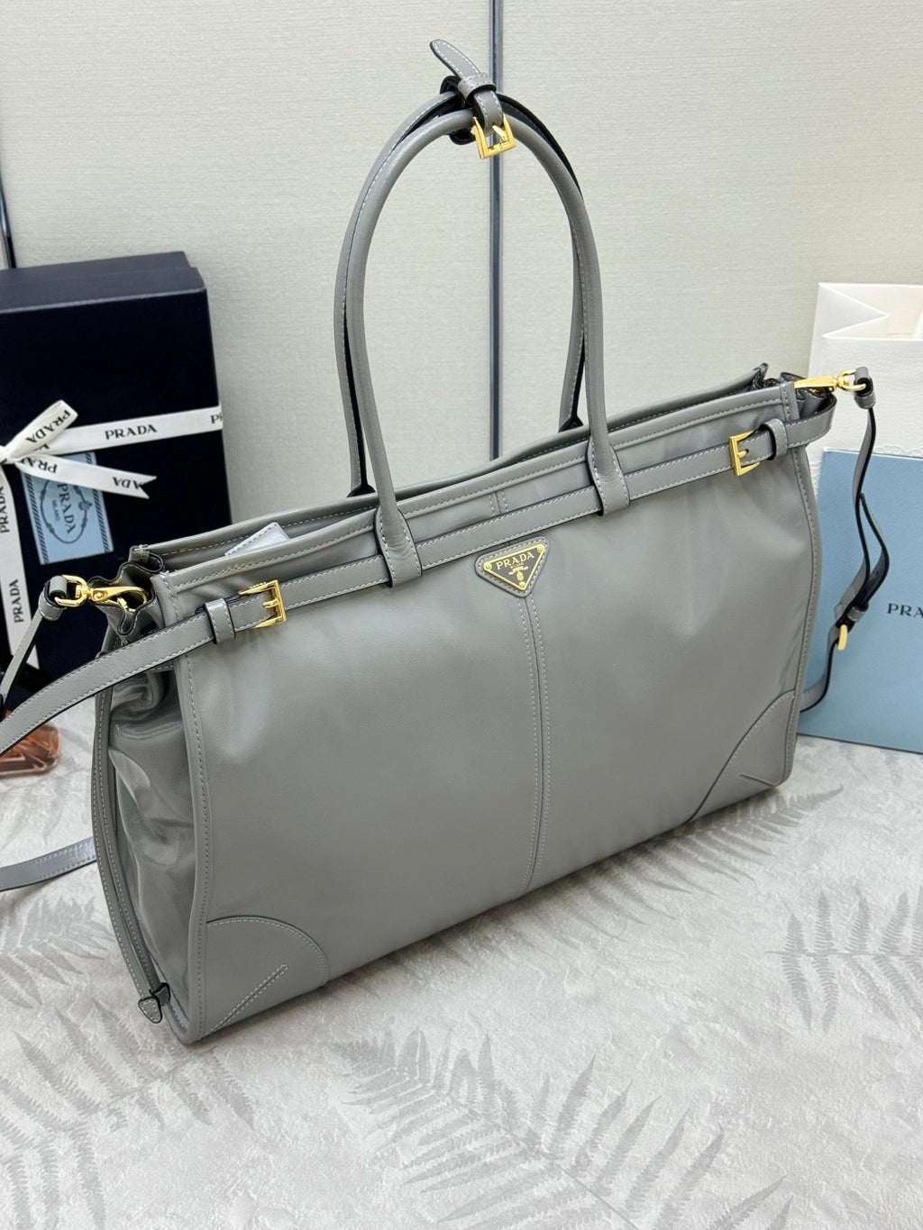 PRADA 25S LUX SOFT BAG 42 IN GRAY GLOSSY CALFSKIN GOLD HARDWRE