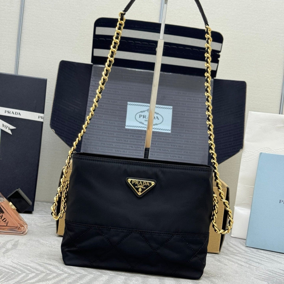 PRADA 25S CROSSBODY BAG 21 IN BLACK NYLON GOLD HARDWRE