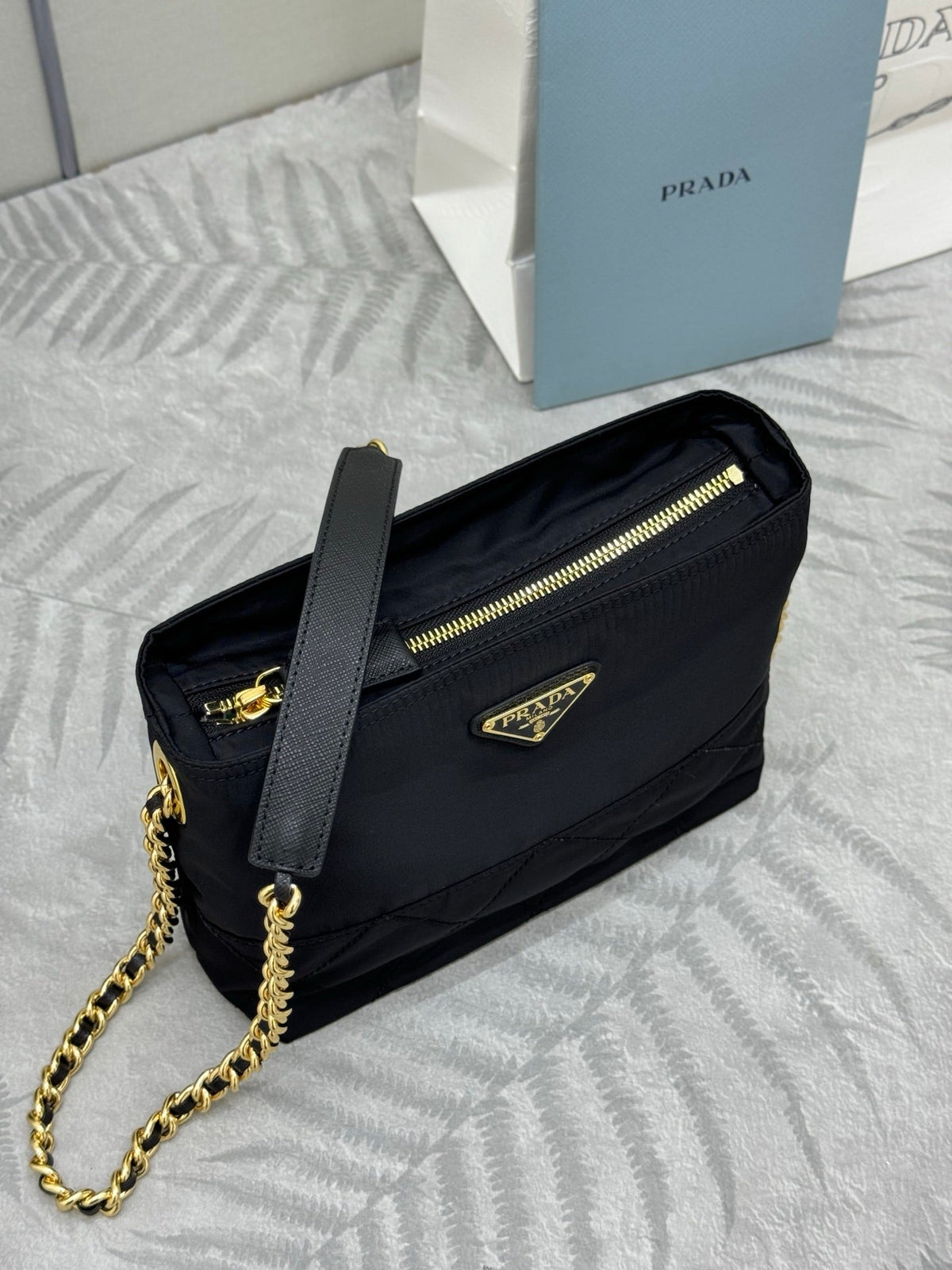 PRADA 25S CROSSBODY BAG 21 IN BLACK NYLON GOLD HARDWRE
