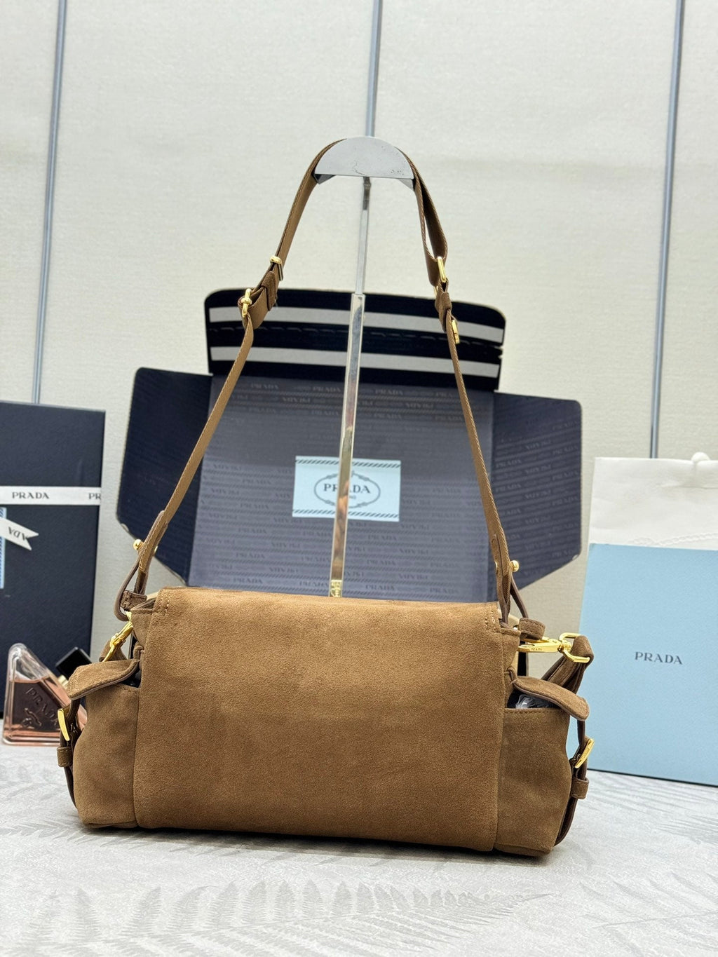 PRADA 25S EXPLORE MEDIUM SHOULDER BAG 30 IN CINNAMON SUEDE WITH FLAP
