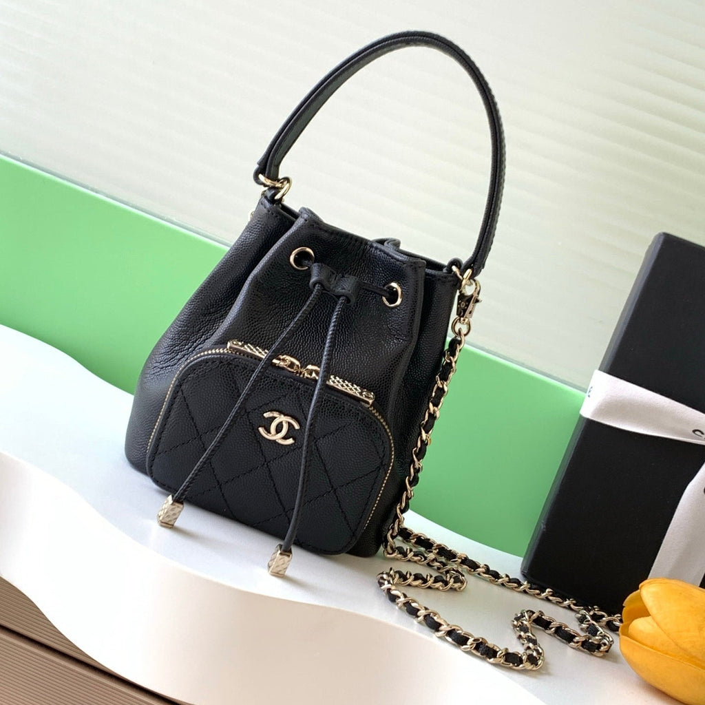 CHANEL 25S MINI BUCKET BAG 12 IN BLACK CALFSKIN GOLD HARDWARE