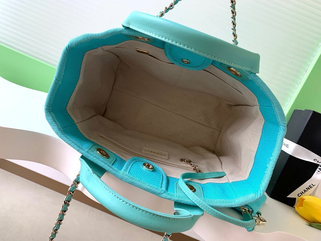 CHANEL 25S TOTE BAG 33 IN TURQUOISE BLUE CANVAS