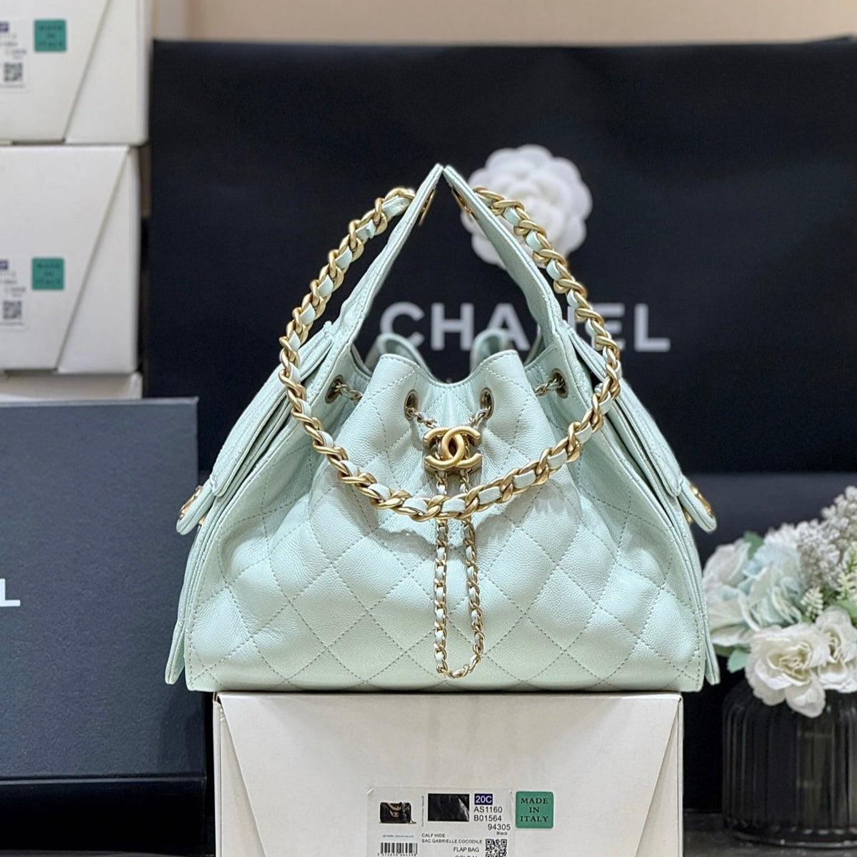 CHANEL 25S HANDBAG IN PALE CYAN 30 CALFSKIN GOLD HARDWARE