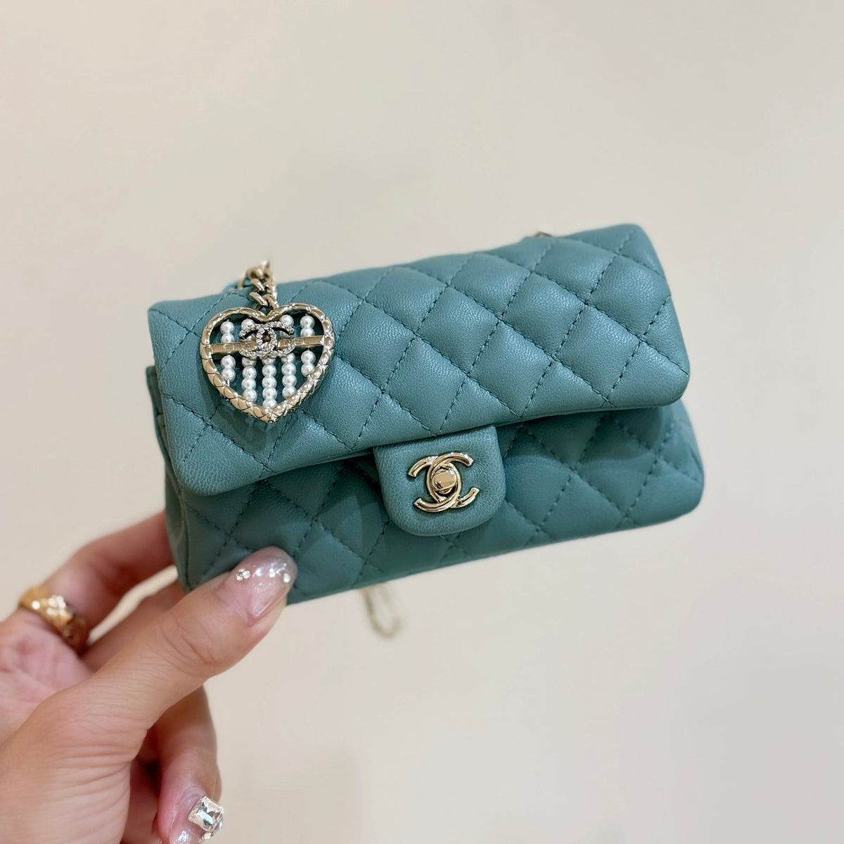 CHANEL 25S FLAP CHARM BAG 13 IN TEAL BLUE LAMBSKIN