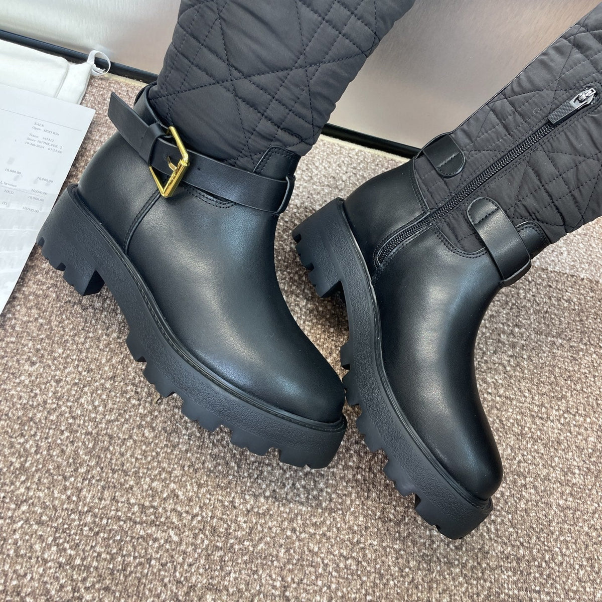 DIOR 25S D-TOWN BOOT 45MM IN BLACK CALFSKIN AND NYLON WITH EMBROIDERED CANNAGE MOTIF
