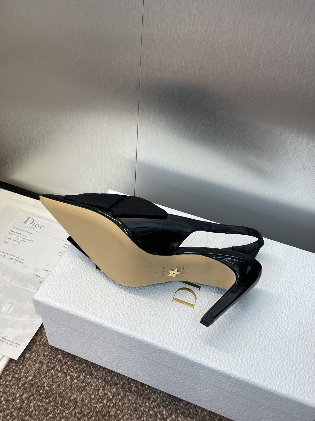 DIOR 25S SLINGBACK PUMP 80MM IN BLACK PATENT CALFSKIN AND GROSGRAIN