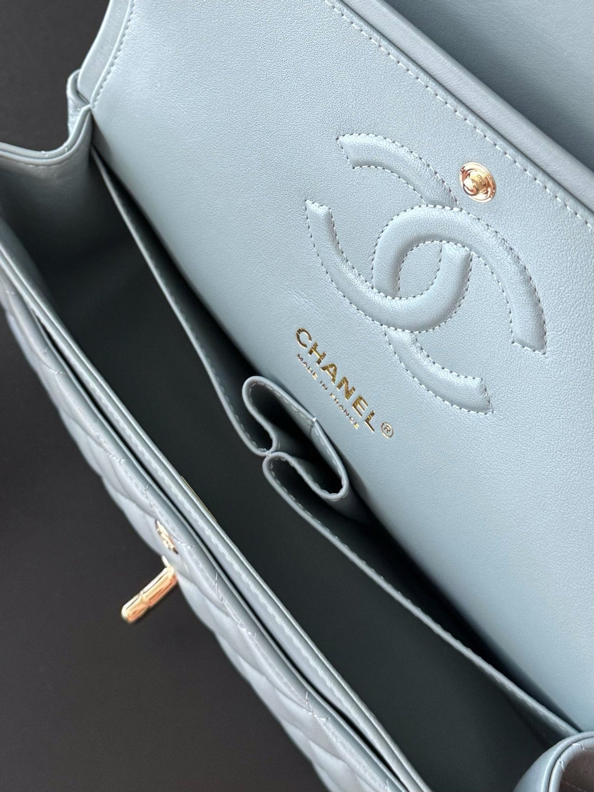 CHANEL 25S CLASSIC FLAP BAG 25 CM IN SLATE BLUE GRAY LAMBSKIN WITH GOLD HARDWARE
