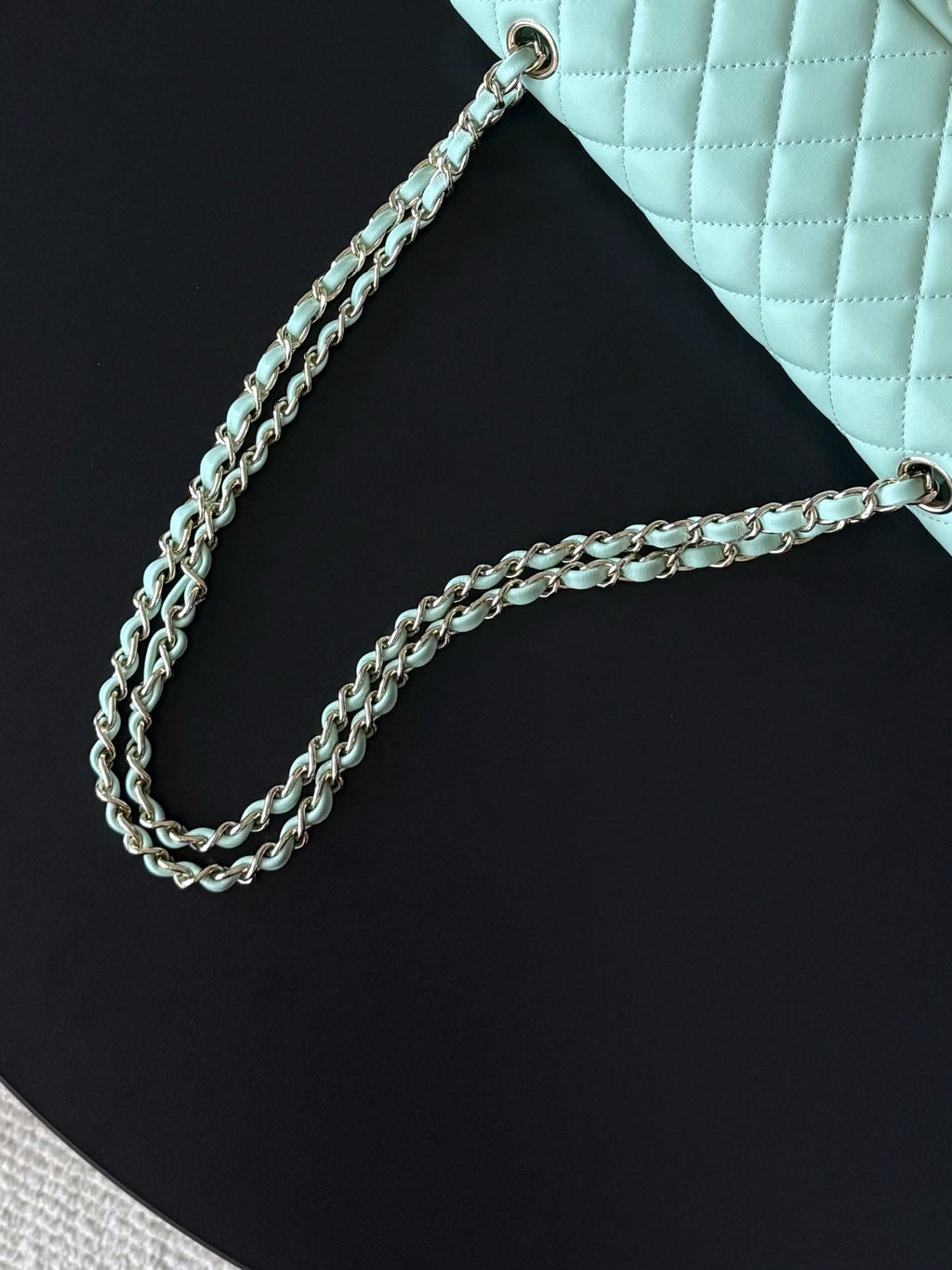 CHANEL 25S CLASSIC FLAP BAG 25 CM IN LIGHT CYAN BLUE LAMBSKIN WITH GOLD HARDWARE