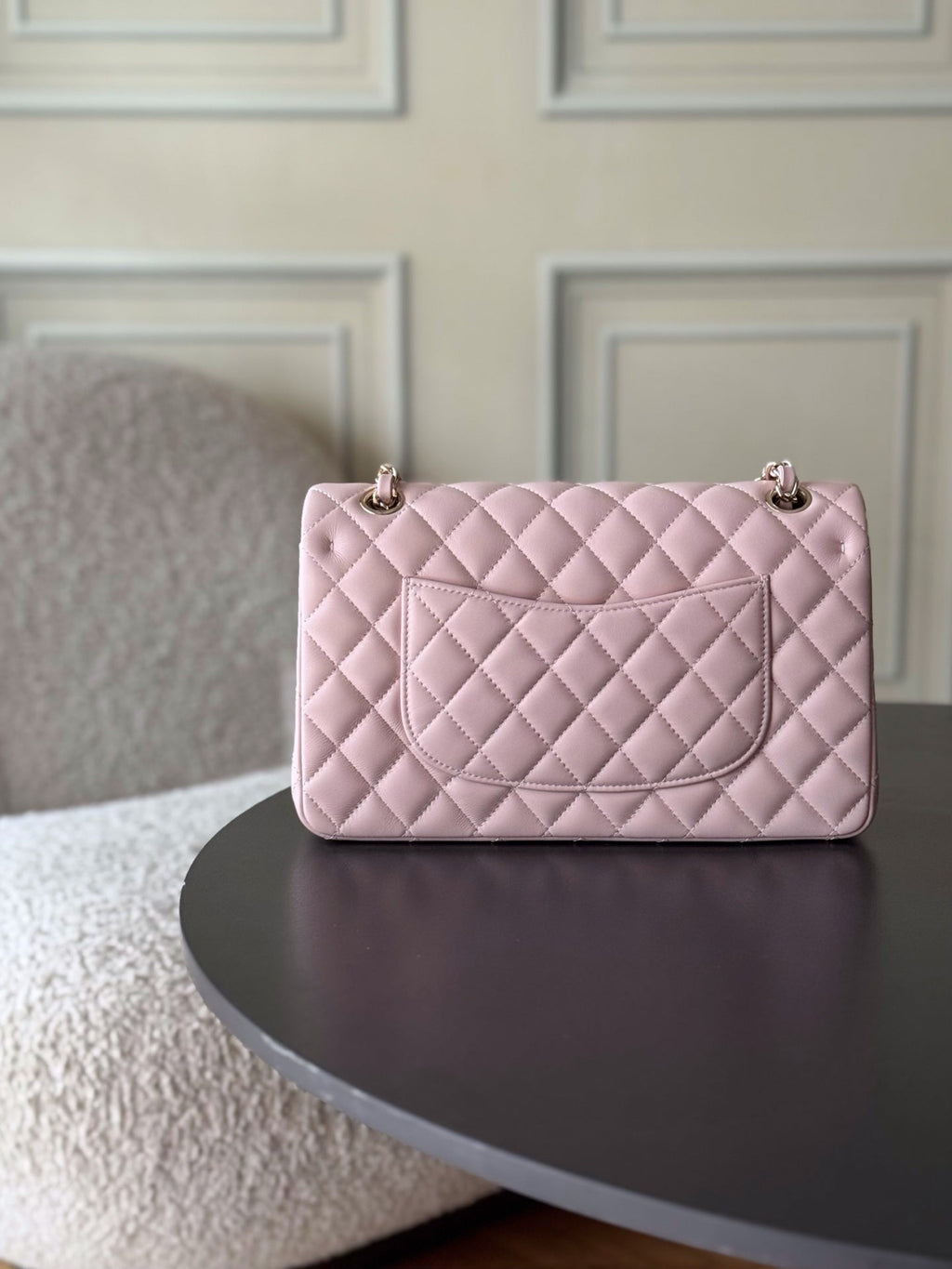 CHANEL 25S CLASSIC FLAP BAG 25 CM IN LIGHT PINK LAMBSKIN WITH GOLD HARDWARE