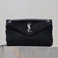 YSL 25S LOULOU PUFFER MM 29 IN BLACK SUEDE SILVER HARDWRE