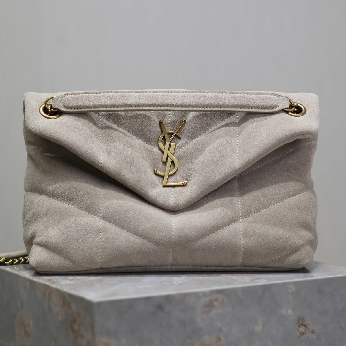 YSL 25S LOULOU PUFFER MM 29 IN SMOKEY TAUPE SUEDE GOLD HARDWRE