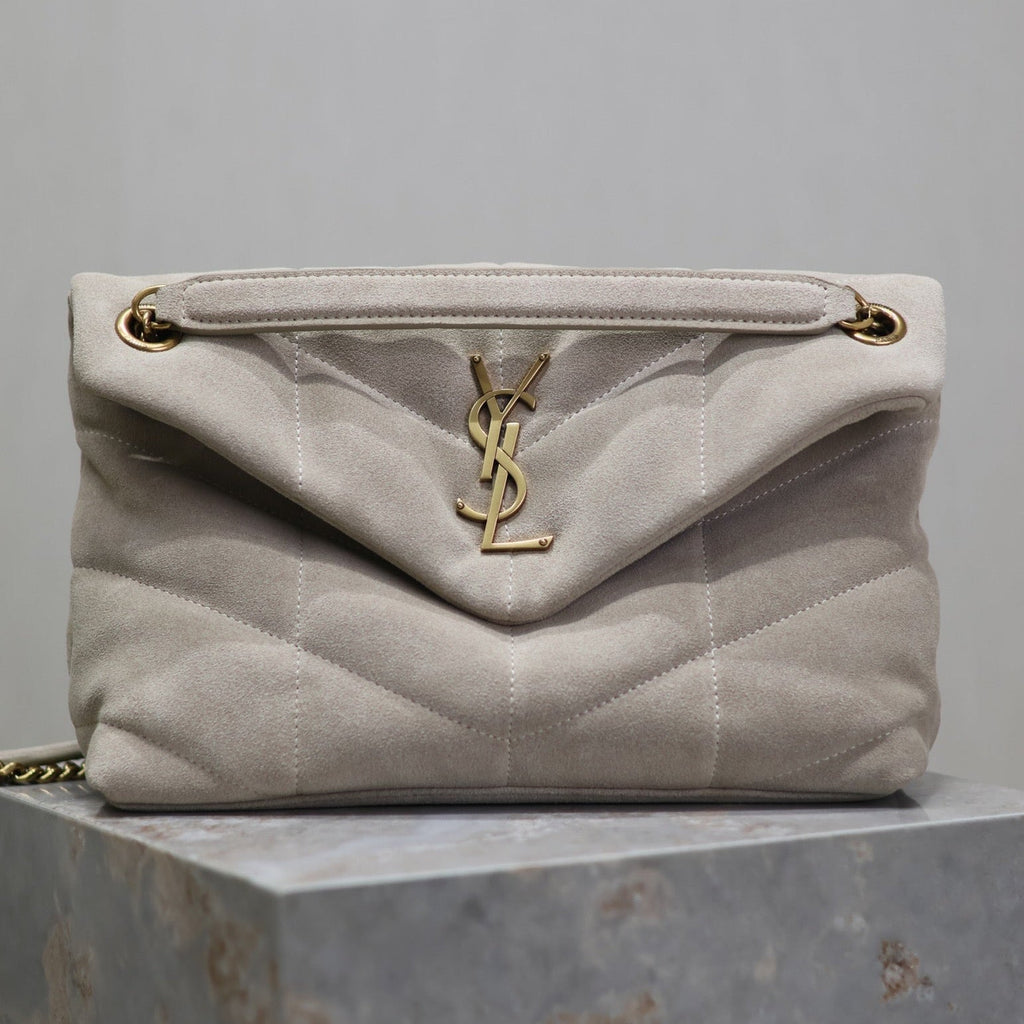 YSL 25S LOULOU PUFFER MM 29 IN SMOKEY TAUPE SUEDE GOLD HARDWARE