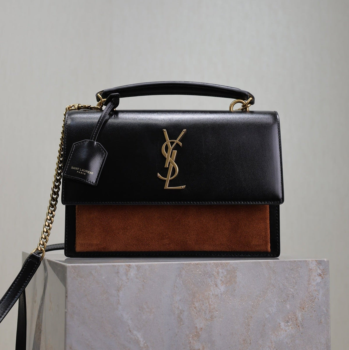 YSL 25S SUNSET MM 25 IN BLACK CALFSKIN AND CARAMEL SUEDE GOLD HARDWARE