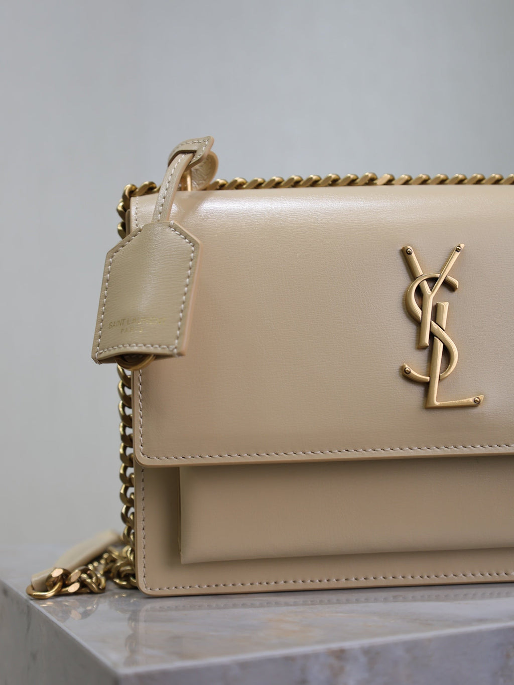 YSL 25S SUNSET BAG 22 IN NUDE CALFSKIN GOLD HARDWARE